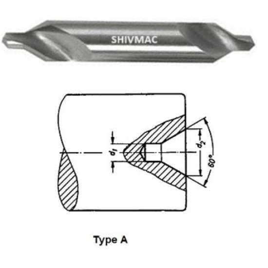 HSS M2 CENTRE DRILL A 1.60 X 4.00 as per IS:6708 - 1977 ( MAC100 Grade - Uncoated/Bright Finish ) " Type A " - Make : SHIVMAC 